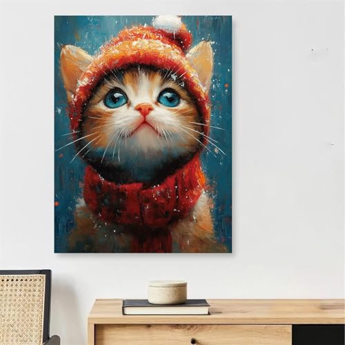 Malen Nach Zahlen Erwachsene Katze, Schal Malen Nach Zahlen mit Rahmen 60x90cm Leinwand, DIY Painting by Numbers Adults Handgemalt Ölgemälde mit 3 Pinseln und Acrylfarbe, Wanddeko Wohnzimmer,Model853 von DJCZSCC