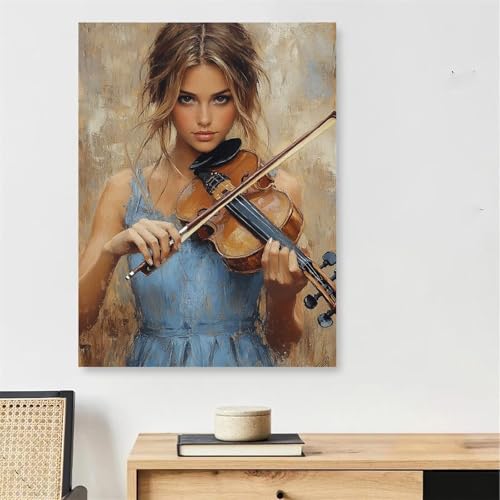 Malen Nach Zahlen Erwachsene Mädchen, Violine Malen Nach Zahlen mit Rahmen 60x90cm, DIY Painting by Numbers Adults Handgemalt Ölgemälde Kit mit 3 Pinseln und Acrylfarbe, Wanddeko Wohnzimmer,Model877 von DJCZSCC
