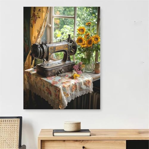 Malen Nach Zahlen Erwachsene Nähmaschine, Sonnenblume Malen Nach Zahlen mit Rahmen 45x60cm, Painting by Numbers Adults Handgemalt Ölgemälde mit 3 Pinseln und Acrylfarbe, Wanddeko Wohnzimmer,Model907 von DJCZSCC