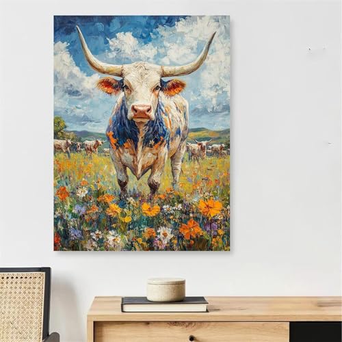 Malen Nach Zahlen Hochlandrinder Paint by Numbers Tier Malen Nach Zahlen Erwachsene mit Rahmen 50x70cm DIY Knitterfreie Ölgemälde Bastelset mit 3 Pinseln für Zimmer Deko, Geschenke für Frauen,Model852 von DJCZSCC