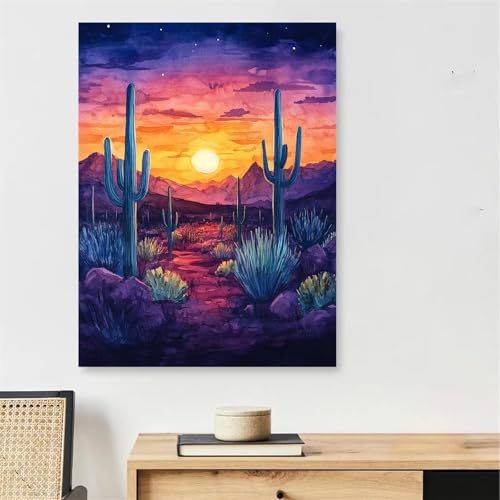 Malen Nach Zahlen Kaktus Paint by Numbers Landschaft Malen Nach Zahlen Erwachsene mit Rahmen 40x50cm DIY Knitterfreie Ölgemälde Bastelset mit 3 Pinseln für Zimmer Deko, Geschenke für Frauen,Model978 von DJCZSCC