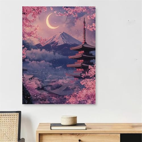 Malen Nach Zahlen Kirschblüten Paint by Numbers Vulkan Fuji Malen Nach Zahlen Erwachsene mit Rahmen 45x60cm Leinwand Ölgemälde Bastelset mit 3 Pinseln für Zimmer Deko, Geschenke für Frauen,Model930 von DJCZSCC