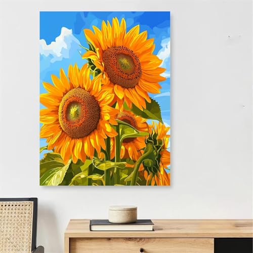 Malen Nach Zahlen Sonnenblume Paint by Numbers Blume Malen Nach Zahlen Erwachsene mit Rahmen 45x60cm DIY Knitterfreie Ölgemälde Bastelset mit 3 Pinseln für Zimmer Deko, Geschenke für Frauen,Model879 von DJCZSCC