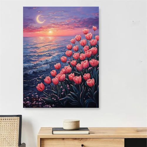 Ozean Malen Nach Zahlen Erwachsene mit Rahmen, Malen Nach Zahlen Erwachsene Blume, DIY Handgemalt Ölgemälde Kit mit Pinseln + Acrylfarbe + 45x60cm Leinwand Knitterfreie, Deko Schlafzimmer,Model932 von DJCZSCC
