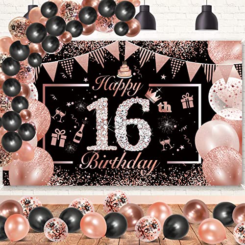 16 Geburtstag Mädchen, DJLLA Rosegold Schwarz 16. Geburtstag Banner Deko mit Latex Konfetti Luftballons, 16 Jahre Geburtstag Banner Poster Hintergrund 190×120cm (74,8×47,2) von DJLLA