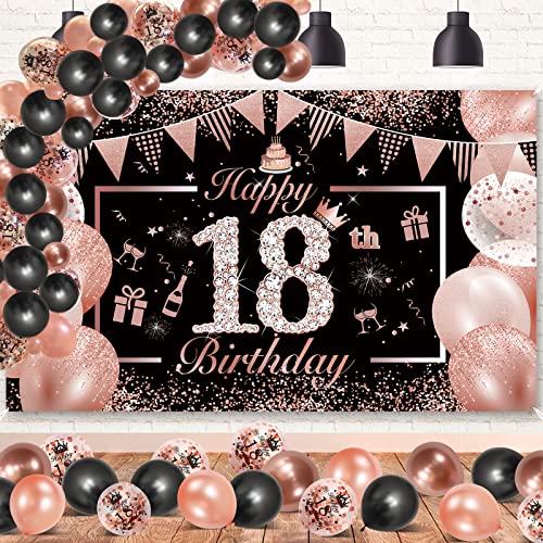 18 Geburtstag Mädchen, DJLLA Rosegold Schwarz 18. Geburtstag Banner Deko mit Latex Konfetti Luftballons, 18 Jahre Geburtstag Banner Poster Hintergrund 190×120cm (74,8×47,2) von DJLLA