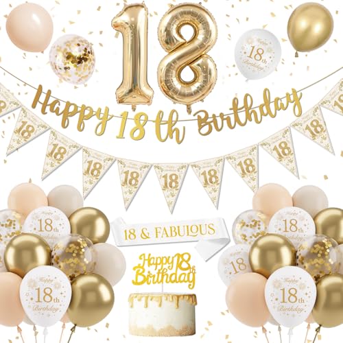 18. Geburtstag Mädchen - Deko mit Weiß-Gold Luftballons, Happy Birthday Banner & Zahl 18 Party Ballons 18. Geburtstag Mädchen - Deko mit Weiß-Gold Luftballons, Happy Birthday Banner & Zahl 18 Party Ballons von DJLLA