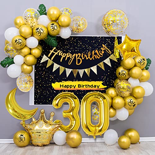30 Geburtstag Dekoration Männer, DJLLA Weiß Gold 30 Geburtstag Deko mit Weiß Gold Luftballons Konfetti Luftballons Happy Birthday Banner Wimpel 30. Geburtstagsdeko von DJLLA