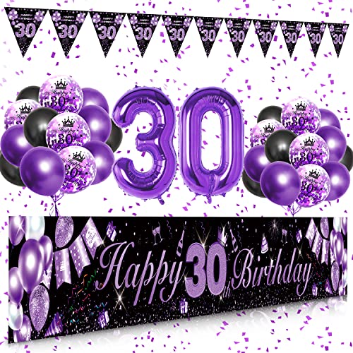 30 Geburtstag Frauen Lila Gold Schwarz, DJLLA 30 Geburtstag Extra Lange Happy Birthday Banner Girlande Wimpel (9 * 1.21 Füße), 30. Geburtstag Deko Banner Hintergrund und Latex Konfetti Luftballons von DJLLA