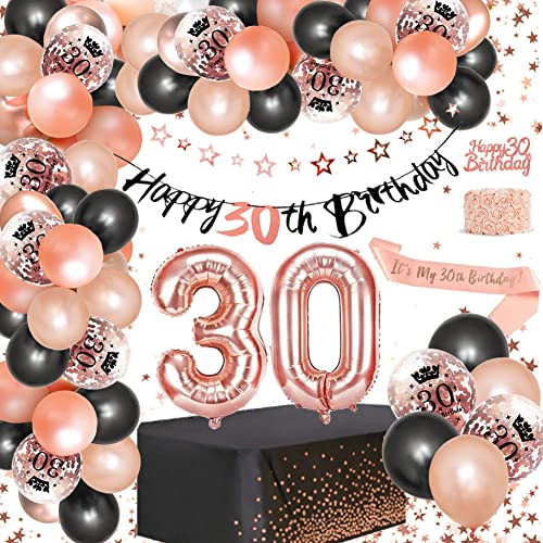 30 Geburtstag Deko Frauen, Schwarz Rosegold Geburtstagsdeko 30 Mädchen, 30th Konfetti Luftballons, Happy Birthday Pentagramm Banner, Kuchen Topper,Tischdecken Mehrweg 30 Geburtstag Party Deko Supplies von DJLLA