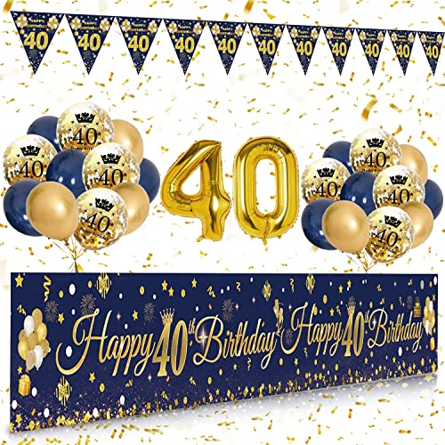 40 Geburtstag Männer Frauen, DJLLA Deko 40 Geburtstag Mann Frauen Extra Lange Happy Birthday Banner Girlande Wimpel Hintergrund 40. Geburtstagsdeko Blau Gold Konfetti Luftballons (107.8×14.5 Zoll) von DJLLA