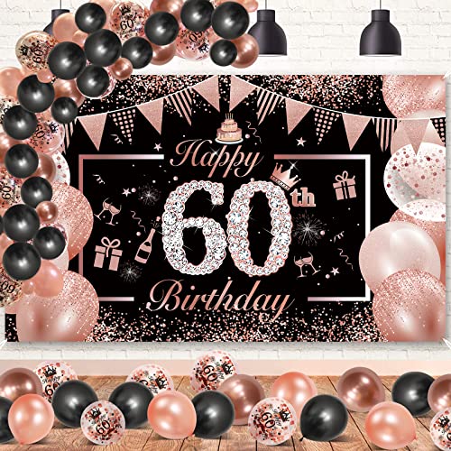 60 Geburtstag Frau, DJLLA Rosegold Schwarz 60. Geburtstag Banner Deko mit Latex Konfetti Luftballons, 60 Jahre Geburtstag Banner Poster Hintergrund 190×120cm (74,8×47,2) von DJLLA