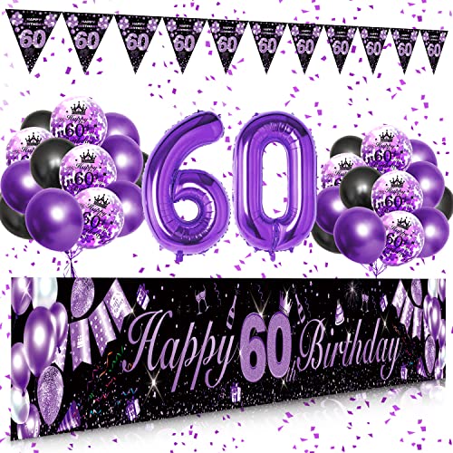 60 Geburtstag Frau Lila Gold Schwarz, DJLLA 60 Geburtstag Extra Lange Happy Birthday Banner Girlande Wimpel (9 * 1.21 Füße), 60. Geburtstag Deko Banner Hintergrund und Latex Konfetti Luftballons von DJLLA