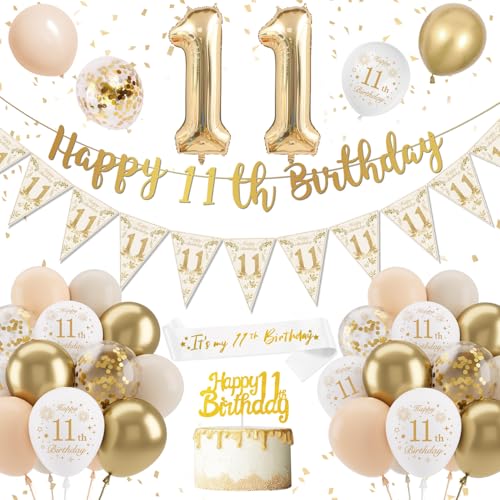 Deko 11. Geburtstag Mädchen, Weiß Gold Geburtstagsdeko 11 Jahre Mädchen, Banner Deko Konfetti Ballon 11 Geburtstag Tortendeko für 11 Mädchen Deko 11. Geburtstag Mädchen, Weiß Gold Geburtstagsdeko 11 Jahre Mädchen, Banner Deko Konfetti Ballon 11 Geburtstag Tortendeko für 11 Mädchen von DJLLA