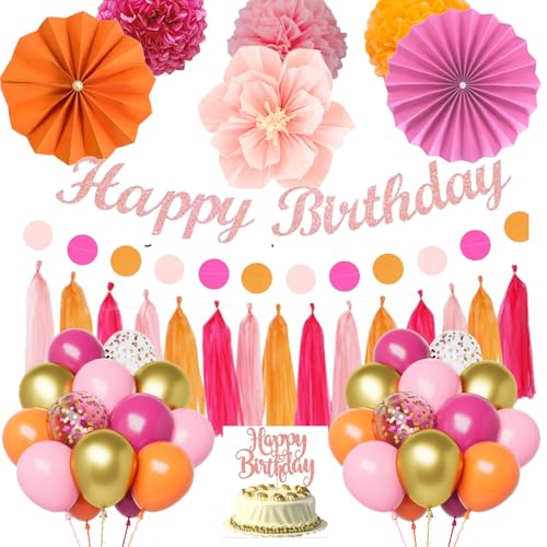 Geburtstagsdeko Frauen Mädchen, Deko Geburtstag Rosa Orange Party Deko mit Happy Birthday Girlande, Luftballons Geburtstag Rosa Orange Pompons und Papier Girlande für Mädchen Frauen Geburtstags Geburtstagsdeko Frauen Mädchen, Deko Geburtstag Rosa Orange Party Deko mit Happy Birthday Girlande, Luftballons Geburtstag Rosa Orange Pompons und Papier Girlande für Mädchen Frauen Geburtstags von DJLLA