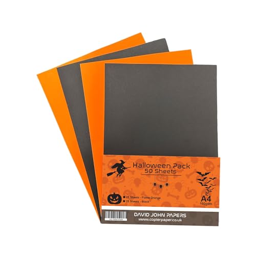 DJP Halloween-Karton, 160 g/m², A4, farbig, Schwarz/Orange, 50 Blatt, 25 Flammen-Orange und 25 Schwarz DJP Halloween-Karton, 160 g/m², A4, farbig, Schwarz/Orange, 50 Blatt, 25 Flammen-Orange und 25 Schwarz von DJP