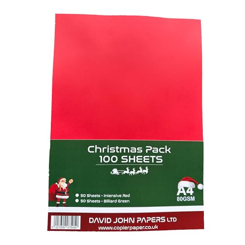 DJP Weihnachtsfarbiges Papier, 80 g/m², A4, intensives Rot und Billardgrün, 100 Blatt (50 Stück pro Farbe) von DJP