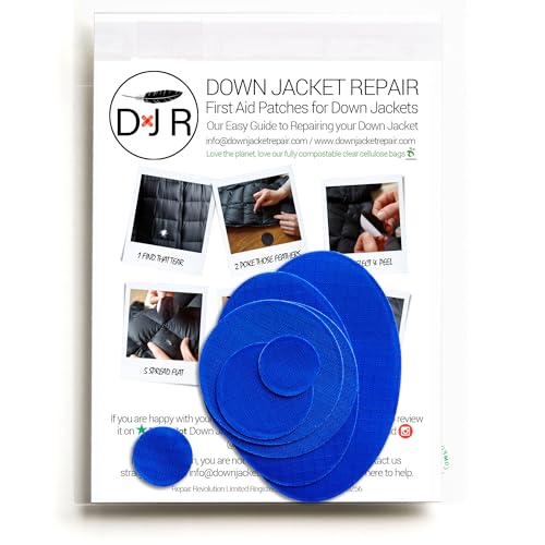DAUNENJACKEN-REPARATUR-PATCH-SET - Einfach zu verwenden, vorgeschnitten, selbstklebend, wasserdicht, reißfestes zur Reparatur von Kleidung, Schlafsäcken, Zelten und Outdoor-Ausrüstung (Königsblau) von DJR