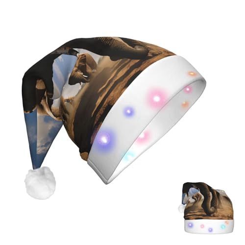 DJUETRUI Leuchtende Weihnachtsmannmütze in Form eines wilden Elefanten für Erwachsene, weiche Plüsch-Weihnachtsmannmütze mit LED-Lichtern von DJUETRUI