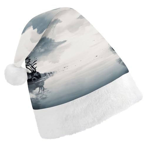 DJUETRUI Lustige Weihnachtsmannmütze, chinesische Landschaftsmalerei, Weihnachtsmützen für Erwachsene, weiche Plüsch-Weihnachtsmannmütze von DJUETRUI