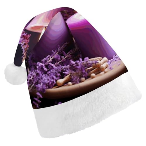 DJUETRUI Lustige Weihnachtsmannmütze Lila Lavendel mit Kerzen Weihnachtsmützen für Erwachsene Weihnachtsmannmütze aus weichem Plüsch bequem von DJUETRUI