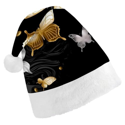 DJUETRUI Lustige Weihnachtsmannmütze mit goldenen und schwarzen Schmetterlingen für Erwachsene, weiche Plüsch-Weihnachtsmannmütze DJUETRUI Lustige Weihnachtsmannmütze mit goldenen und schwarzen Schmetterlingen für Erwachsene, weiche Plüsch-Weihnachtsmannmütze von DJUETRUI