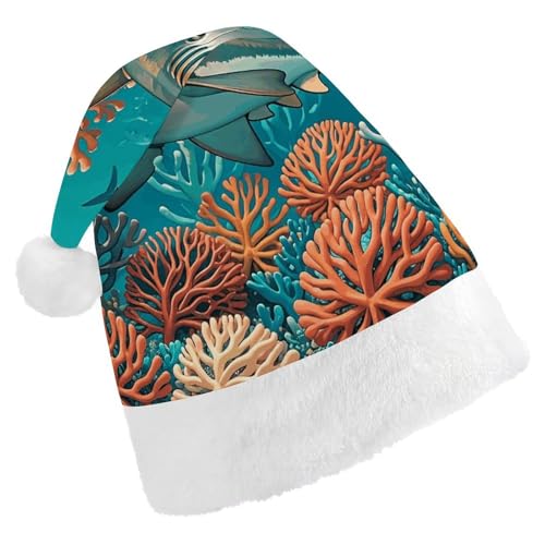 DJUETRUI Lustiger Weihnachtsmannhut, Weihnachtsmütze mit Seegras und Meereshai-Muster, Weihnachtsmütze für Erwachsene, Weihnachtsmannmütze aus weichem Plüsch, bequeme Mütze von DJUETRUI