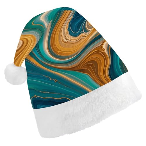 DJUETRUI Lustiger Weihnachtsmannhut aus Marmor blau-grün-gold Weihnachtsmützen für Erwachsene aus weichem Plüsch, bequeme Weihnachtsmannmütze, Urlaubsmütze von DJUETRUI