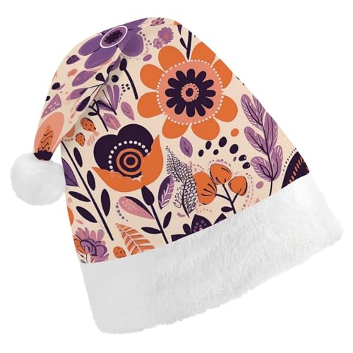 DJUETRUI Lustiger Weihnachtsmannhut mit Blumen, hellorange, Weihnachtsmütze für Erwachsene, Weihnachtsmannmütze aus weichem Plüsch, bequeme Weihnachtsmütze von DJUETRUI
