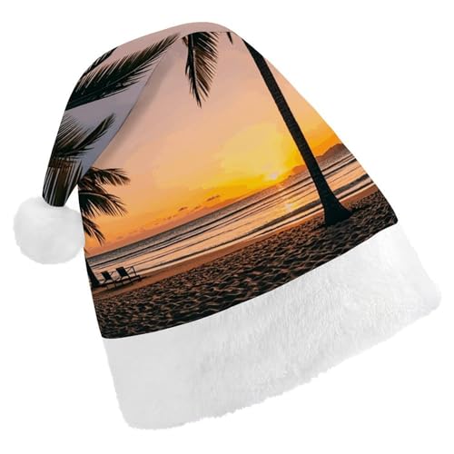 DJUETRUI Lustiger Weihnachtsmannhut mit Palmen und Strand, Sonnenuntergang für Erwachsene, weiche Plüschmütze von DJUETRUI