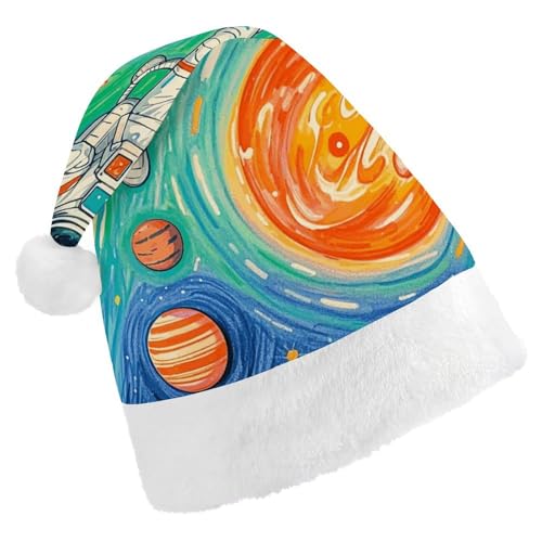 DJUETRUI Lustiger Weihnachtsmannhut mit Sonnensystem, Astronaut, Raumschiff, Meteorit, Weihnachtsmütze für Erwachsene, weicher und bequemer Plüschhut von DJUETRUI