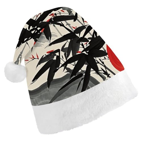 DJUETRUI Lustiger Weihnachtsmannhut mit roter Sonne und Bergen Tinte, Weihnachtsmützen für Erwachsene, weiche Plüschmütze von DJUETRUI