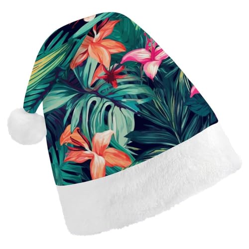 DJUETRUI Lustiger Weihnachtsmannhut mit tropischen Blumenblättern, Weihnachtsmütze für Erwachsene, weiche Plüsch-Weihnachtsmannmütze, bequeme Weihnachtsmütze von DJUETRUI