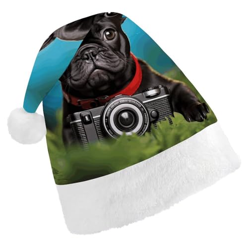 DJUETRUI Weihnachtsmannhut Lustige Französische Bulldogge Welpe mit Kamera Weihnachtsmützen für Erwachsene Weihnachtsmannmütze Plüsch Weich Bequem von DJUETRUI
