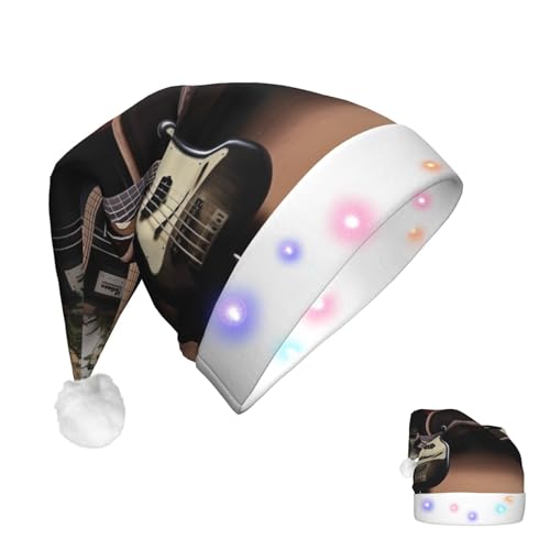 DJUETRUI Weihnachtsmannhut für Erwachsene, Gitarre, Bass, Musikinstrumente, weicher Plüsch-Weihnachtshut mit LED-Lichtern von DJUETRUI