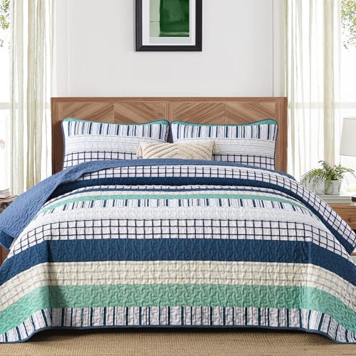 DJY Gestreiftes Queen-Size-Bettwäsche-Set für Queen-Size-Betten, marineblau, grün, Boho-Tagesdecken-Set mit 2 Kissenbezügen, 3-teilig, weiche, leichte Mikrofaser, Patchwork-Steppdecken-Set für alle von DJY