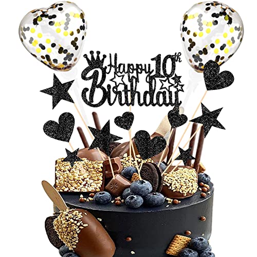 DKBT Tortendeko 10th Schwarz Kuchen deko Glitzer Happy Birthday Cake Topper Kuchendeko Geburtstagstorte für Schwarz Thema Geburtstagsfeier Jubiläum von DKBT