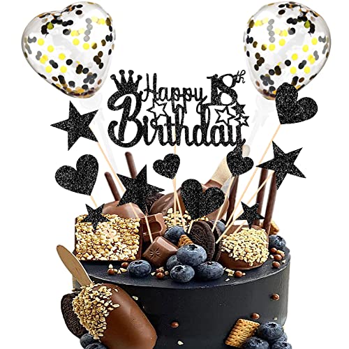 DKBT Tortendeko 18th Schwarz Kuchen deko Glitzer Happy Birthday Cake Topper Kuchendeko Geburtstagstorte für Schwarz Thema Geburtstagsfeier Jubiläum von DKBT