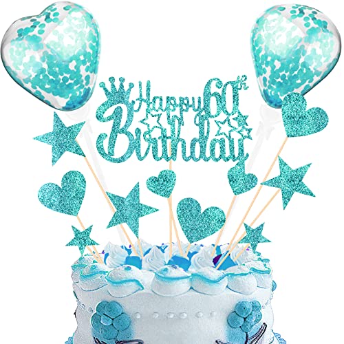 DKBT Tortendeko 60th Blau Kuchen deko Glitzer Happy Birthday Cake Topper Kuchendeko Geburtstagstorte für Geburtstagsfeier Jubiläum von DKBT