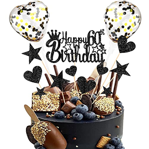 DKBT Tortendeko 60th Schwarz Kuchen deko Glitzer Happy Birthday Cake Topper Kuchendeko Geburtstagstorte für Schwarz Thema Geburtstagsfeier Jubiläum von DKBT