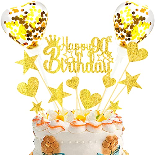 DKBT Tortendeko 90th Gold Kuchen deko Glitzer Happy Birthday Cake Topper Kuchendeko Geburtstagstorte für Gold Geburtstagsfeier Jubiläum von DKBT
