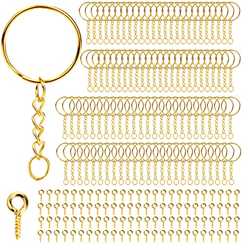 Schlüsselring mit Kette 200 Stück Schlüsselanhänger Basteln Set (100 Schlüsselanhänger Ringe Kette + 100 Schrauböse Pins) Schlüsselringe 25mm für Schlüssel DIY Taschen Schmuckherstellung (Gold) von DKBT