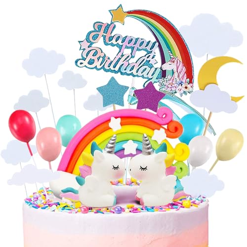DKDDSSS 21 Stück Einhorn Tortendeko, Kuchendeko, Regenbogen Tortendeko, Happy Birthday Cake Topper für Kinder Mädchen Geburtstag von DKDDSSS