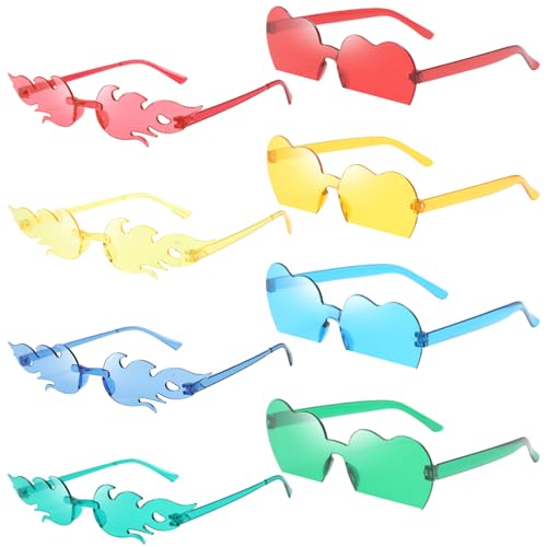 DKDDSSS 8 Stück Herz Sonnenbrille, Party Brille, Hippie Brille, Transparent Sonnenbrille Herzform Flammen Sonnenbrille für Fasching Requisiten Geburtstagsfeier für Kinder und Erwachsene von DKDDSSS