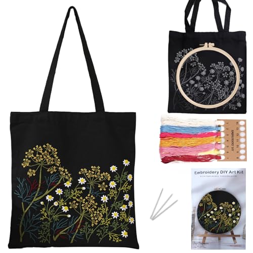 DKDDSSS Sticken für Anfänger Stofftasche Set, DIY Bastelset Erwachsene, Sticken Set Erwachsene, Enthalten Anleitung, Stickrahmen und Stofftasche mit Blumenmuster für Anfänger(Kamille) von DKDDSSS