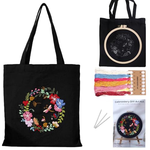 DKDDSSS Sticken für Anfänger Stofftasche Set, Sticken Set Erwachsene, DIY Bastelset Erwachsene, Enthalten Anleitung, Stickrahmen und Stofftasche mit Blumenmuster für Anfänger(Schwarz) von DKDDSSS