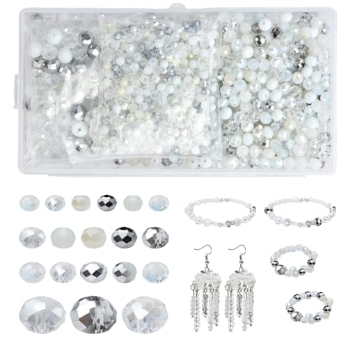 DKDXID 1000 Stück Glasperlen zum Auffädeln Facettierte Glasperlen für Armbänder 4/6/8mm Glass Beads Kristallperlen Glas Perlen zum Basteln Glitzerperlen Tschechische Crystal Beads Schmuckperlen-Weiß von DKDXID