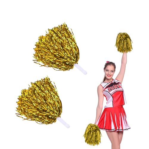 DKDXID 2 Stück Pom Poms Cheerleading Sports Games Team Metallisch Pompoms Cheerleader Pompons Handblumen Puschel mit Griffen Schön Cheerleader Poms Hand Blumen für Sportveranstaltungen,Tanzen-Gold von DKDXID