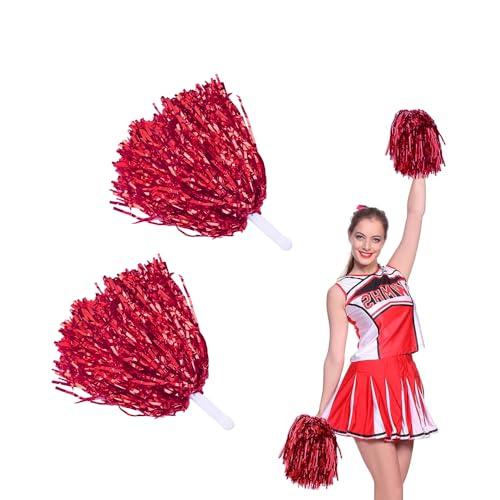 DKDXID 2 Stück Pom Poms Cheerleading Sports Games Team Metallisch Pompoms Cheerleader Pompons Handblumen Puschel mit Griffen Schön Cheerleader Poms Hand Blumen für Sportveranstaltungen,Tanzen-Rot von DKDXID