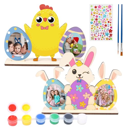 DKINY 2 Stück Ostern Holzfotorahmen für Kinder Osterküken Osterhasen Bilderrahmen aus Holz DIY Ostern Hasen Küken Fotorahmen zum Basteln und Bemalen Fotos ankleben Ostern Geschenk für Junge Mädchen von DKINY